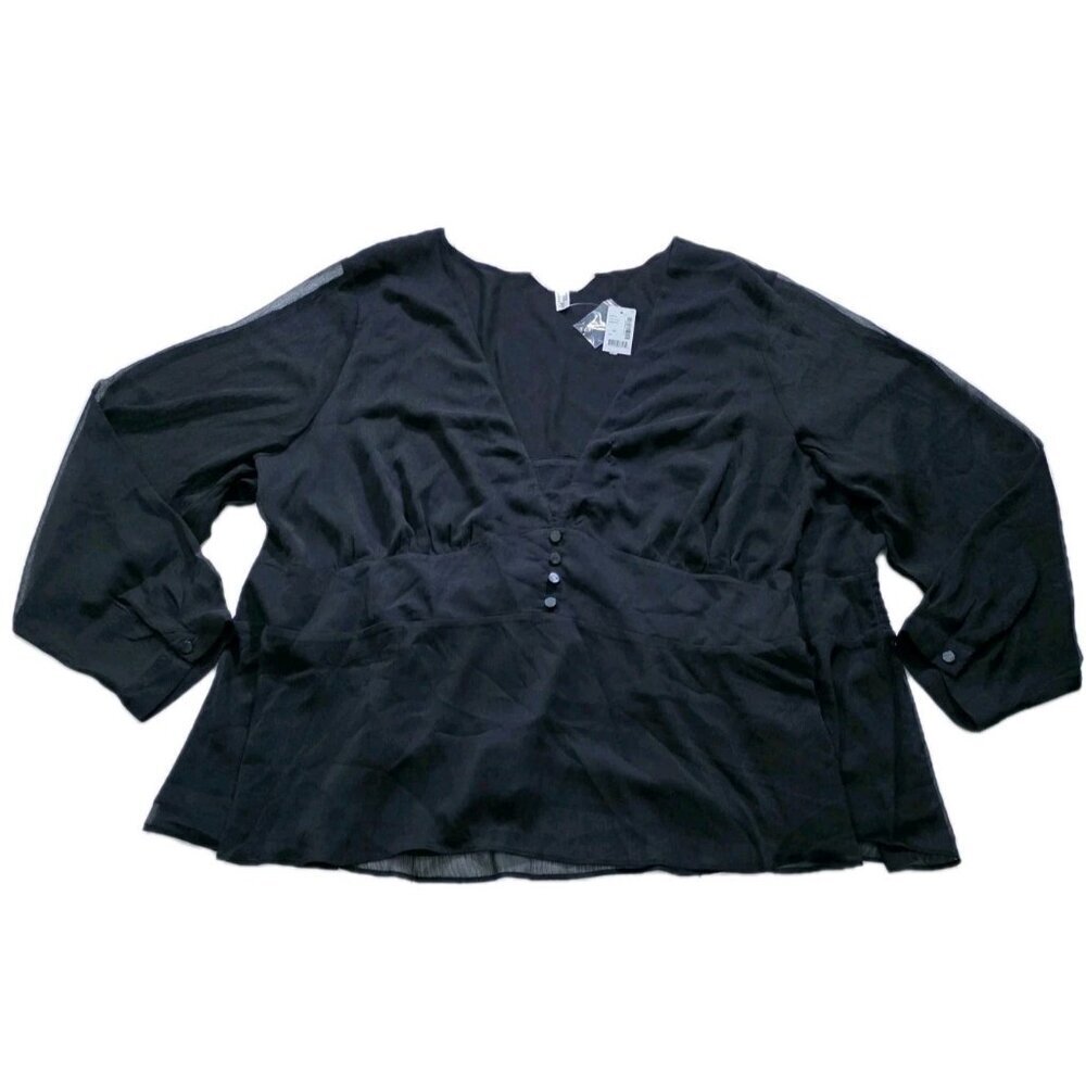 Addition Elle Top Womens 5X Black LS Chiffon Lined Baby Doll Smocked Mature Goth